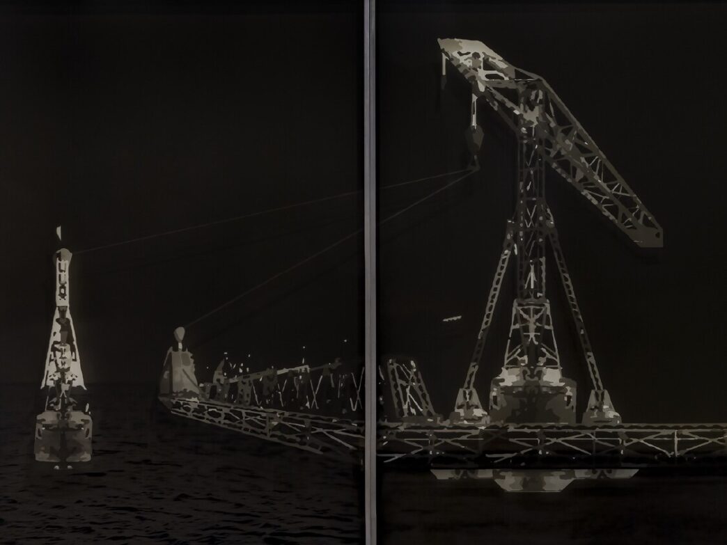 Dawit L. Petros, Spectre (Floating Dock) (detail), 2021. Archival pigment prints, CNC router etching, and smoked gray Plexiglass. Courtesy of the artist.