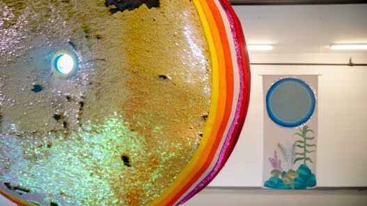 Foreground: Amy Khoshbin, Sun Blast, 2021. Background: Jennifer Khoshbin, Soft Mural #3, 2021. Courtesy of the artists.