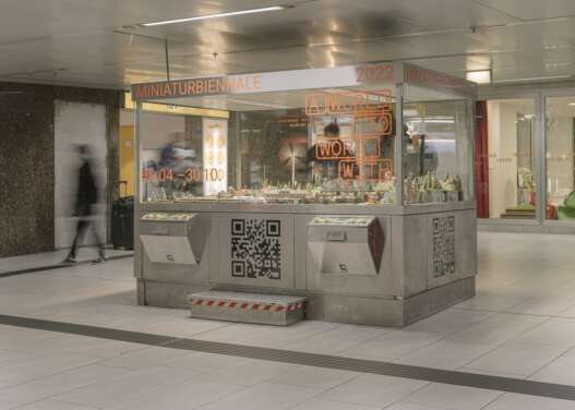 View of A World To Work With, Modelleisenbahnautomat Düsseldorf, 2022. Courtesy of Miniaturbiennale. Photo: Volker Crone.