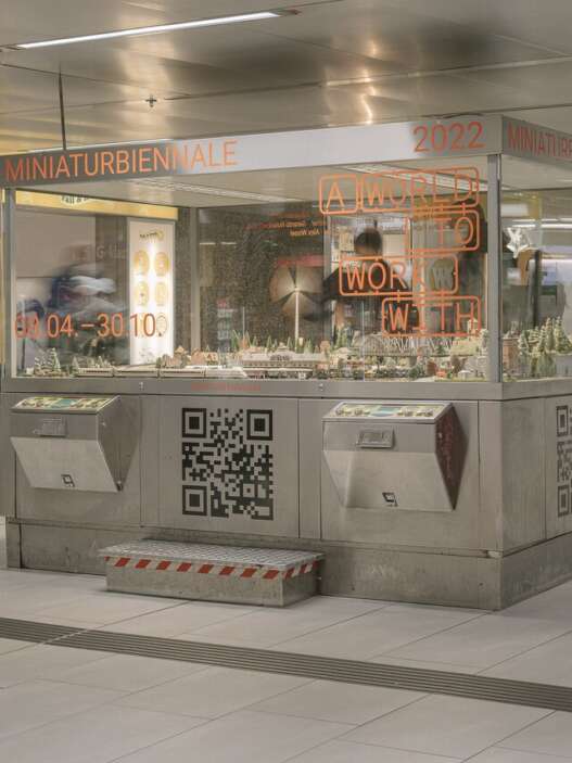 View of A World To Work With, Modelleisenbahnautomat Düsseldorf, 2022. Courtesy of Miniaturbiennale. Photo: Volker Crone.