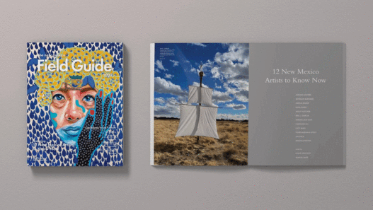 From left: Caroline Liu, I Won’t Lose My Mind So You Can Find Yours, 2022. Oil, acrylic, and glitter on canvas, 54 x 42 in. New Mexico Field Guide, 2020.