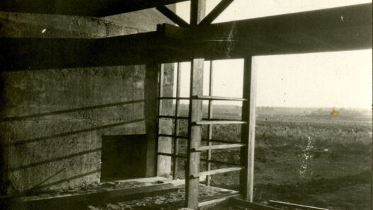 Photograph of interior of Kings Road House under construction, 1922. Courtesy of the artist and UCSB Architecture & Design Collections, Schindler (R.M.) papers.