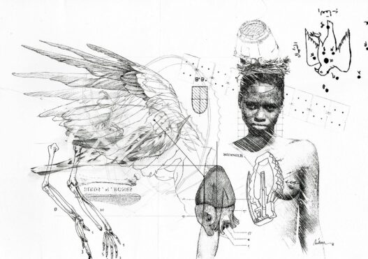 Nidhal Chamekh, Le battement des ailes No. V . 2017. Graphite, ink and transfer on cotton paper, 23 x 32.5 cm. Courtesy of Nidhal Chamekh and Selma Feriani gallery