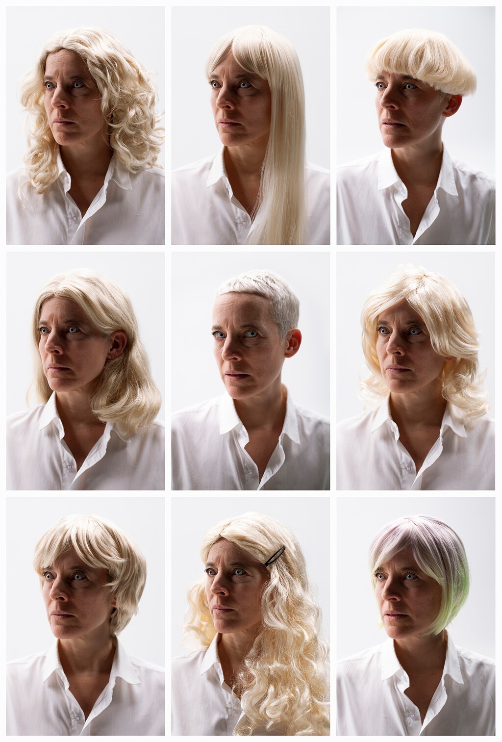 Candice Breitz, Whiteface Series, 2022. Nine colour photographs, 48 x 32cm each. Courtesy of KOW, Berlin.