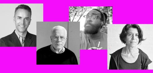 From left: AAP Architecture faculty and alum, Measures and Meaning curator Sean Anderson; AAP alumni: architect Peter Eisenman; artist Olalekan Jeyifous; artist Shelly Silver.