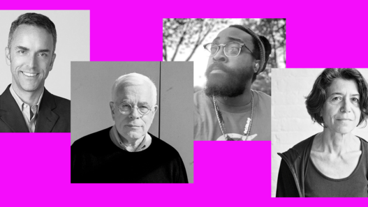 From left: AAP Architecture faculty and alum, Measures and Meaning curator Sean Anderson; AAP alumni: architect Peter Eisenman; artist Olalekan Jeyifous; artist Shelly Silver.