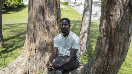 Ibrahim Mahama on his first visit at the International Centre of Graphic Arts in Ljubljana. Photo: Urška Boljkovac. MGLC Archive.