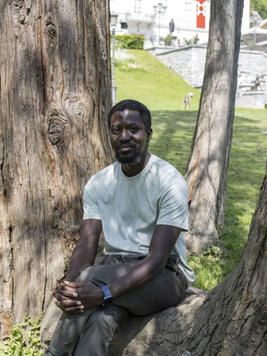 Ibrahim Mahama on his first visit at the International Centre of Graphic Arts in Ljubljana. Photo: Urška Boljkovac. MGLC Archive.