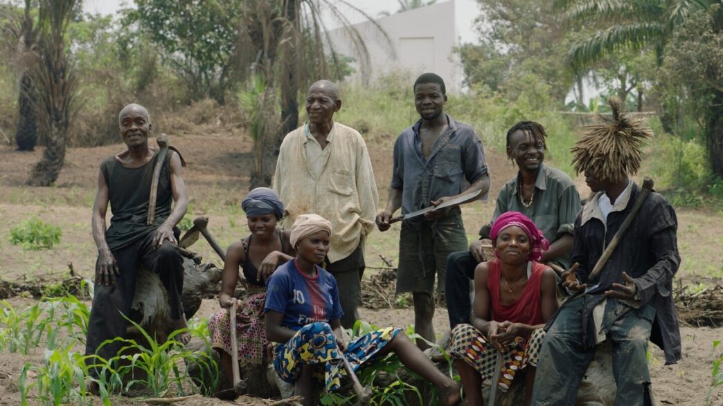 Renzo Martens, White Cube (still), 2020. CATPC members, from left: Olele Mulela Mabamba, Huguette Kilembi, Mbuku Kimpala, Jeremie Mabiala, Jean Kawata, Irene Kanga, Ced’art Tamasala and Matthieu Kasiama. © Human Activities, 2020.