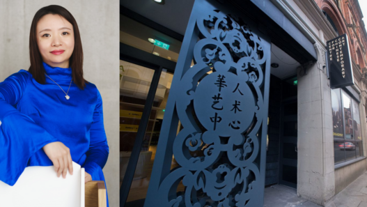 Left: Portrait of Xiaowen Zhu by Haishu Chen. Right: CFCCA. Photo: Arthur Siuksta.