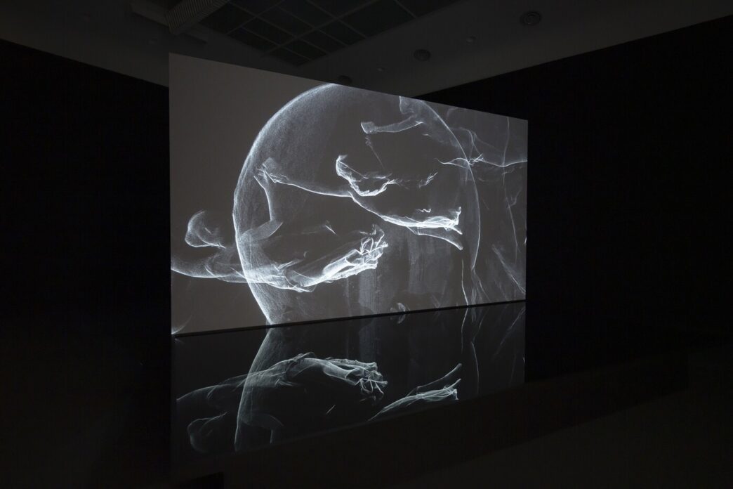 The Otolith Group, Sovereign Sisters, 2014. Computer animation transferred to HD video, water installation, 3:47 minutes. Courtesy of The Otolith Group and LUX, London. Installation view, Archive Van Abbemuseum Eindhoven, Eindhoven, Netherlands, 2019. Photo: Peter Cox.