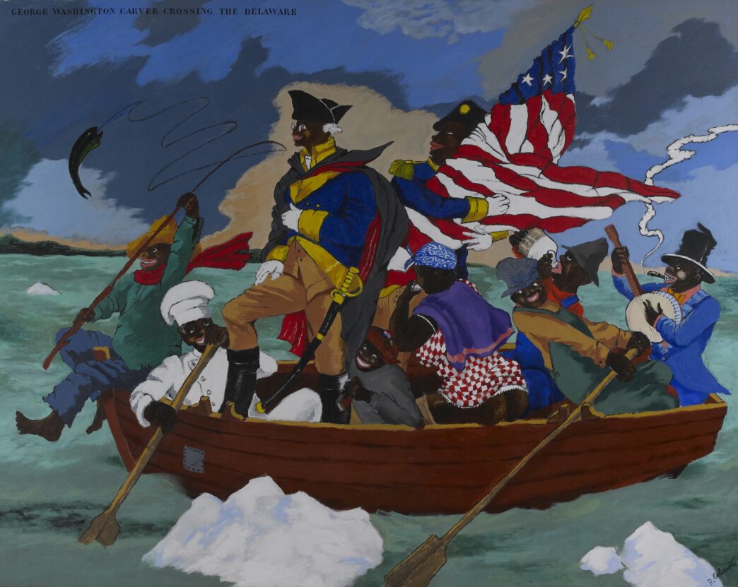 Robert Colescott, George Washington Carver Crossing the Delaware: Page from an American History Textbook, 1975. Acrylic on canvas, 78 1/2 x 98 1/4 inches. Lucas Museum of Narrative Art, Los Angeles, 2021.45.1. © 2021 The Robert H. Colescott Separate Property Trust / Artists Rights Society (ARS), New York.