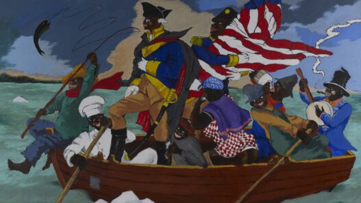 Robert Colescott, George Washington Carver Crossing the Delaware: Page from an American History Textbook, 1975. Acrylic on canvas, 78 1/2 x 98 1/4 inches. Lucas Museum of Narrative Art, Los Angeles, 2021.45.1. © 2021 The Robert H. Colescott Separate Property Trust / Artists Rights Society (ARS), New York.