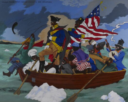 Robert Colescott, George Washington Carver Crossing the Delaware: Page from an American History Textbook, 1975. Acrylic on canvas, 78 1/2 x 98 1/4 inches. Lucas Museum of Narrative Art, Los Angeles, 2021.45.1. © 2021 The Robert H. Colescott Separate Property Trust / Artists Rights Society (ARS), New York.