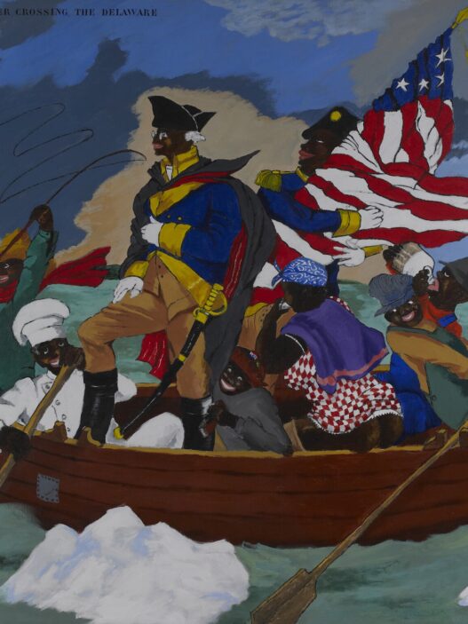 Robert Colescott, George Washington Carver Crossing the Delaware: Page from an American History Textbook, 1975. Acrylic on canvas, 78 1/2 x 98 1/4 inches. Lucas Museum of Narrative Art, Los Angeles, 2021.45.1. © 2021 The Robert H. Colescott Separate Property Trust / Artists Rights Society (ARS), New York.