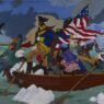 Robert Colescott, George Washington Carver Crossing the Delaware: Page from an American History Textbook, 1975. Acrylic on canvas, 78 1/2 x 98 1/4 inches. Lucas Museum of Narrative Art, Los Angeles, 2021.45.1. © 2021 The Robert H. Colescott Separate Property Trust / Artists Rights Society (ARS), New York.