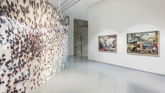 [1] View of Indigo Waves & Other Stories, Zeitz MOCAA, Cape Town, 2022. From left: Luvuyo Equiano Nyawose, Thania Petersen, Malala Andrialavidrazana. [2] Joël Andrianomearisoa, The Five Continents of All Our Desires, 2022. Black silk paper, metal, rope. Dimensions variable. Commissioned by Zeitz MOCAA. Photo: Storm Janse van Rensburg.