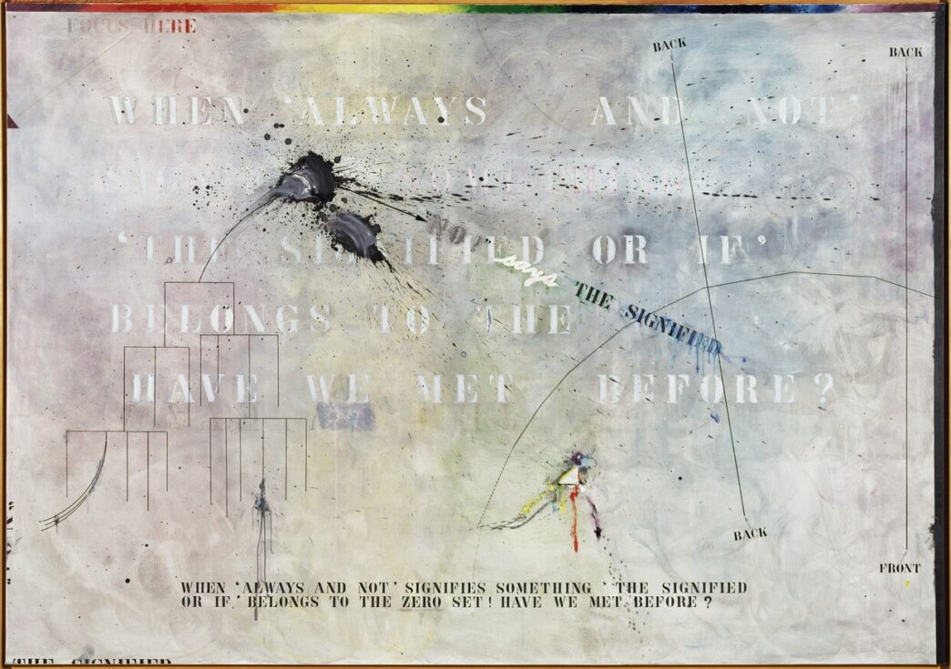 Arakawa, “No!” says THE SIGNIFIED NO. 2, 1973. Acrylic and oil on canvas, styrofoam, 76 ⅝ x 108 ¼ in. © Estate of Madeline Gins.