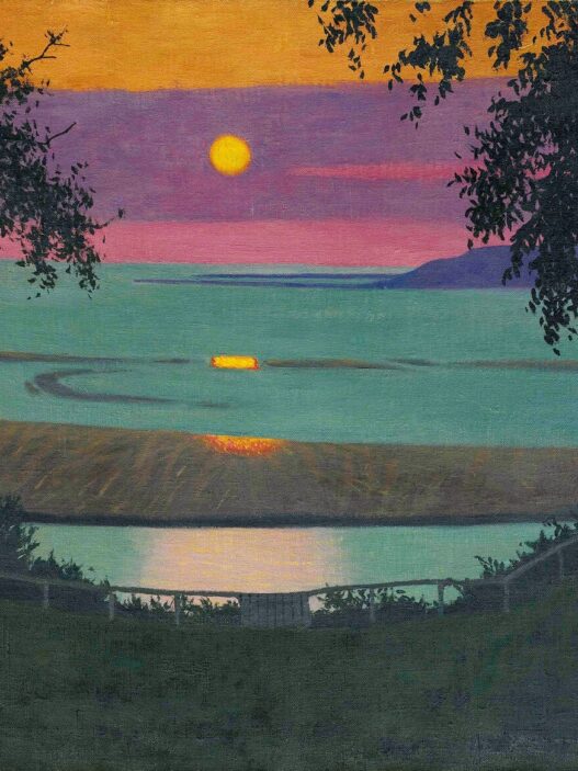 Félix Vallotton, Coucher de soleil à Grâce, ciel orangé et violet, 1918. Oil on canvas, 54 x 73 cm. Private collection.