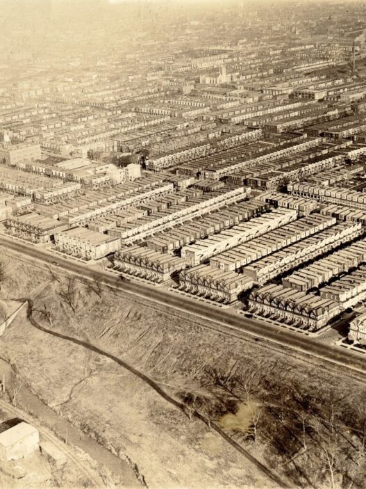 Aerial view of Philadelphia looking east from 63rd Street. Courtesy of the Special Collections Research Center, Temple University Libraries, Philadelphia. Date unknown.