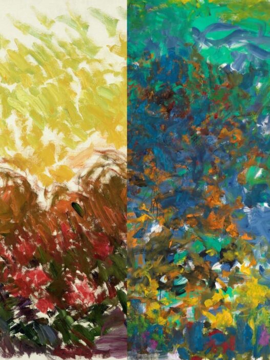 Claude Monet, Le jardin à Giverny, 1922–1926. Oil on canvas, 93 x 74 cm, Paris, musée Marmottan Monet. Joan Mitchell, La Grande Vallée, 1983. Oil on canvas, 259 x 200 cm. Fondation Louis Vuitton, Paris. © The Estate of Joan Mitchell.