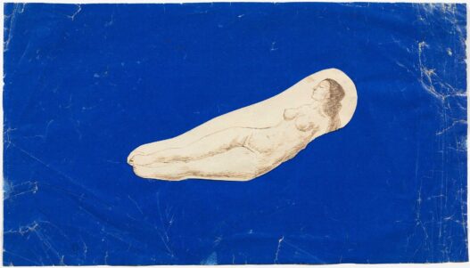 Pablo Picasso, Female nude, Barcelona or Paris, 1902–03. Pen and sepia ink on paper pasted onto electric-blue glazed paper. 7 5/8 x 13 5/16 inches. Museu Picasso, Barcelona. Gift of Pablo Picasso, 1970. © 2022 Estate of Pablo Picasso / Artists Rights Society (ARS), New York.