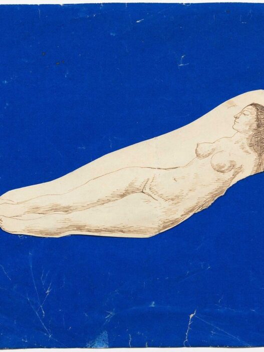 Pablo Picasso, Female nude, Barcelona or Paris, 1902–03. Pen and sepia ink on paper pasted onto electric-blue glazed paper. 7 5/8 x 13 5/16 inches. Museu Picasso, Barcelona. Gift of Pablo Picasso, 1970. © 2022 Estate of Pablo Picasso / Artists Rights Society (ARS), New York.