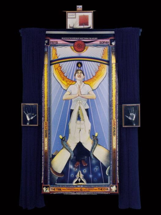 Paul Laffoley, Pistis Sophia, 2004–2006. Oil and acrylic paint, vinyl press type, India ink, photo-collage on linen canvas with velvet drapes and magic mirror, 264 x 151.8 x 16.5 cm. Courtesy of Kent Fine Art, Ridgewood, New Jersey.