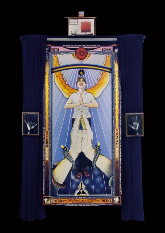 Paul Laffoley, Pistis Sophia, 2004–2006. Oil and acrylic paint, vinyl press type, India ink, photo-collage on linen canvas with velvet drapes and magic mirror, 264 x 151.8 x 16.5 cm. Courtesy of Kent Fine Art, Ridgewood, New Jersey.