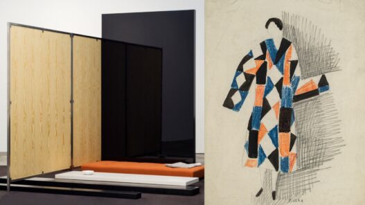 Left: Andrea Zittel, Planar Partition #1, 2015. Weaving, steel, paint, wood, lacquer, concrete. © Andrea Zittel. Courtesy of the artist and Sprüth Magers. Photo: Timo Ohler. Right: Sonia Delaunay, dress design, 1923. Galerie Zlotowski. © Pracusa S.A.