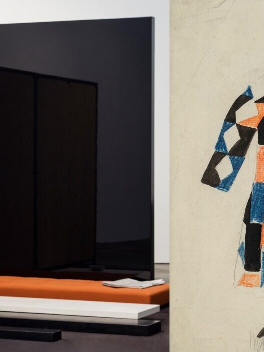 Left: Andrea Zittel, Planar Partition #1, 2015. Weaving, steel, paint, wood, lacquer, concrete. © Andrea Zittel. Courtesy of the artist and Sprüth Magers. Photo: Timo Ohler. Right: Sonia Delaunay, dress design, 1923. Galerie Zlotowski. © Pracusa S.A.