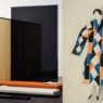 Left: Andrea Zittel, Planar Partition #1, 2015. Weaving, steel, paint, wood, lacquer, concrete. © Andrea Zittel. Courtesy of the artist and Sprüth Magers. Photo: Timo Ohler. Right: Sonia Delaunay, dress design, 1923. Galerie Zlotowski. © Pracusa S.A.