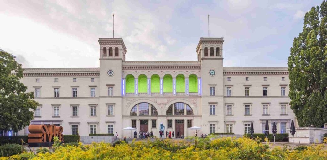 Exterior view of the Hamburger Bahnhof – Museum für Gegenwart – Berlin with the light installation "Untitled" by Dan Flavin