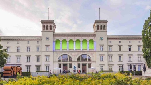 Exterior view of the Hamburger Bahnhof – Museum für Gegenwart – Berlin with the light installation "Untitled" by Dan Flavin