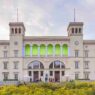 Exterior view of the Hamburger Bahnhof – Museum für Gegenwart – Berlin with the light installation "Untitled" by Dan Flavin