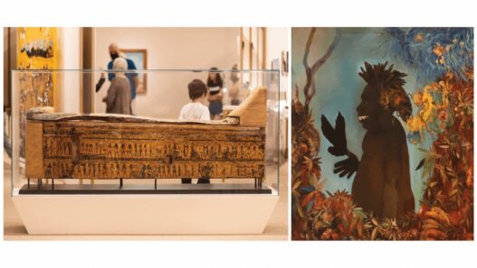 Left: an original Egyptian sarcophagus. Photo: Ricardo Ferreira. Right: Fernando Lindote, Kill, Macunaíma!, 2015.