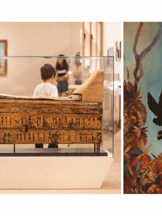 Left: an original Egyptian sarcophagus. Photo: Ricardo Ferreira. Right: Fernando Lindote, Kill, Macunaíma!, 2015.