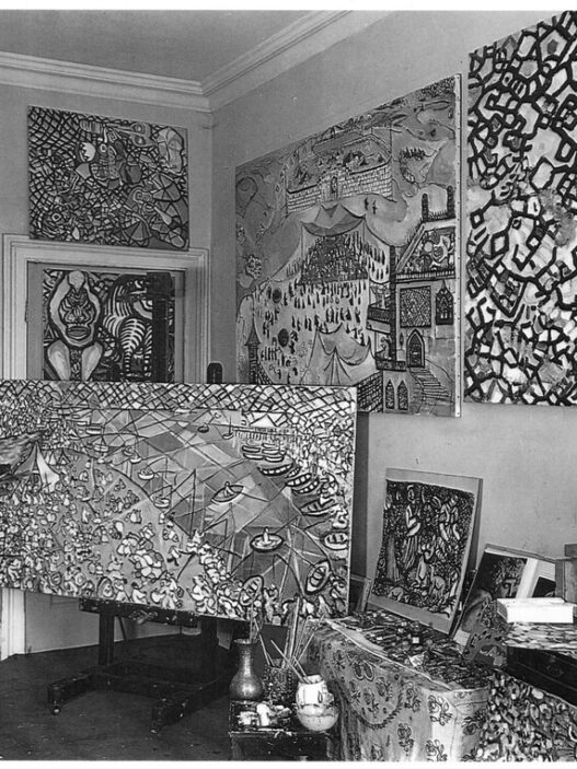 Fahrelnissa Zeid, Loch Lomond, c. 1950. Installation view, artist's studio, Paris. © Fahrelnissa Zeid Archive.