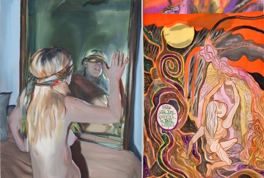 Left: Jenna Gribbon, In bed with a mirror, 2022. © the artist. Courtesy of the artist and MASSIMODECARLO. Right: Emma Talbot, Volcanic Landscape, 2022. © and courtesy the artist.