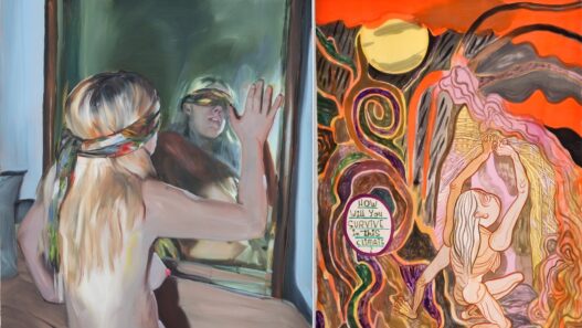 Left: Jenna Gribbon, In bed with a mirror, 2022. © the artist. Courtesy of the artist and MASSIMODECARLO. Right: Emma Talbot, Volcanic Landscape, 2022. © and courtesy the artist.