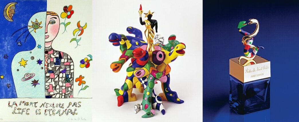 Works by Niki de Saint Phalle. Left: La mort n’existe pas, 2001. Silkscreen print, 62 x 48 cm. MAMAC collection, Nice. © Dimitri Angelini. Center: Tree of Liberty(Queen Califia), 2001. Polyester paint, gold leaf, 48 x 50 x 54 cm. © 2022 Niki Charitable Art Foundation /Adagp, Paris. Right: Flacon de parfum, 1982. Glass and plastic, 35 x 12 x 12cm. Collection Dumetz-Grenouilleau. © 2022 Niki Charitable Art Foundation / Adagp, Paris.