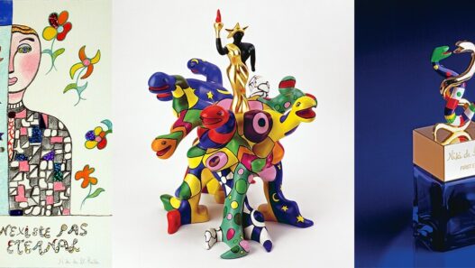 Works by Niki de Saint Phalle. Left: La mort n’existe pas, 2001. Silkscreen print, 62 x 48 cm. MAMAC collection, Nice. © Dimitri Angelini. Center: Tree of Liberty(Queen Califia), 2001. Polyester paint, gold leaf, 48 x 50 x 54 cm. © 2022 Niki Charitable Art Foundation /Adagp, Paris. Right: Flacon de parfum, 1982. Glass and plastic, 35 x 12 x 12cm. Collection Dumetz-Grenouilleau. © 2022 Niki Charitable Art Foundation / Adagp, Paris.