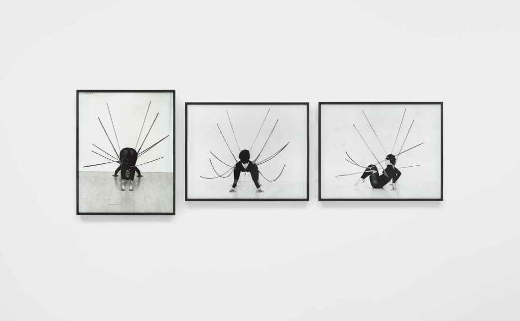 Senga Nengudi, Performance Piece, 1978. Silver gelatin prints, triptych. Overall: 118 3/8 x 41 inches. © Senga Nengudi, 2022. Courtesy of Sprüth Magers and Thomas Erben Gallery, New York. Photo: Harmon Outlaw.