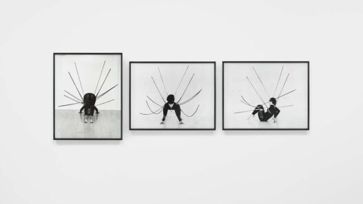 Senga Nengudi, Performance Piece, 1978. Silver gelatin prints, triptych. Overall: 118 3/8 x 41 inches. © Senga Nengudi, 2022. Courtesy of Sprüth Magers and Thomas Erben Gallery, New York. Photo: Harmon Outlaw.