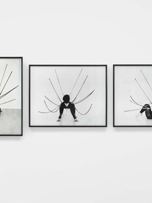 Senga Nengudi, Performance Piece, 1978. Silver gelatin prints, triptych. Overall: 118 3/8 x 41 inches. © Senga Nengudi, 2022. Courtesy of Sprüth Magers and Thomas Erben Gallery, New York. Photo: Harmon Outlaw.