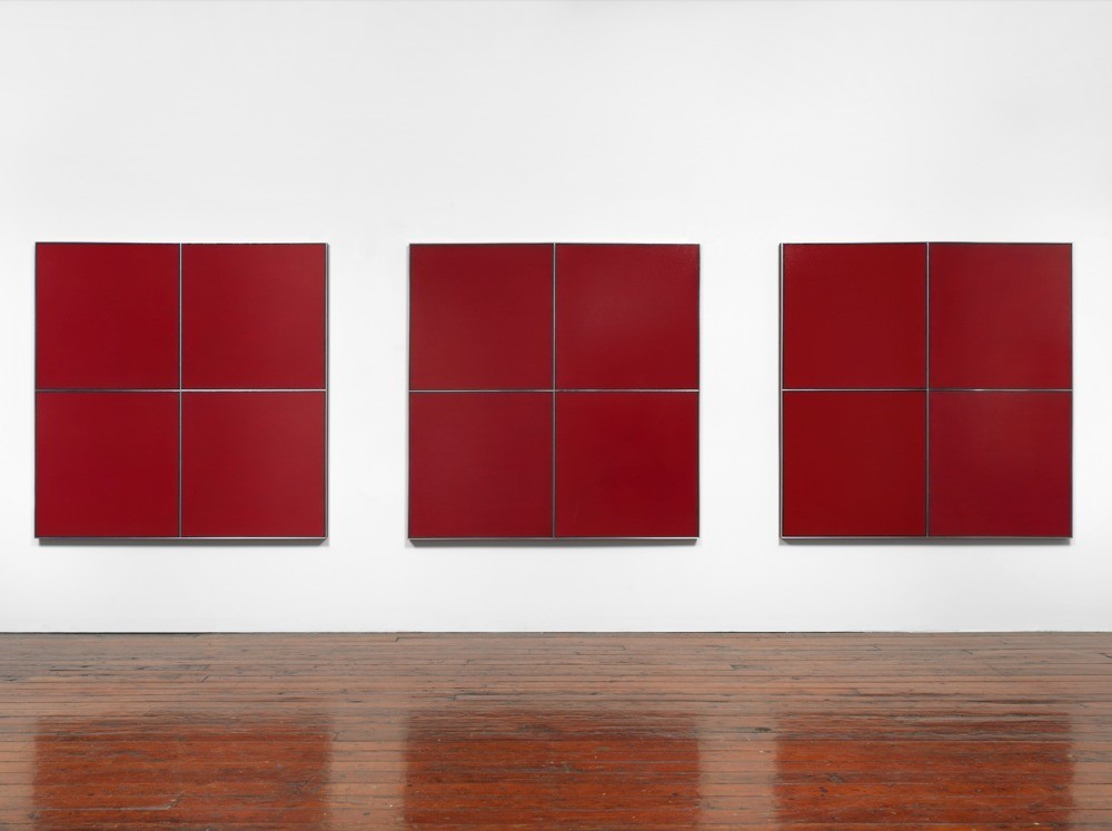 Tadaaki Kuwayama, TK454,75-22-A B C, 2022. Acrylic on canvas, three canvasas, each 54 3/4 x 54 3/4 inches.