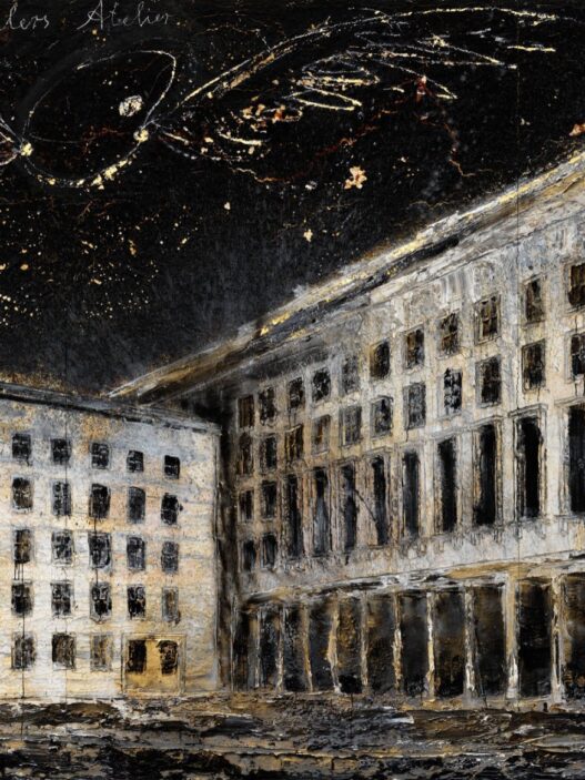 Anselm Kiefer, des Malers Atelier The Painter’s Studio, 2021. Emulsion, oil, acrylic, shellac, gold leaf, and chalk on canvas, 129 ⅞ × 224 ⅜ inches (330 × 570 cm)© Anselm Kiefer. Photo: Georges Poncet