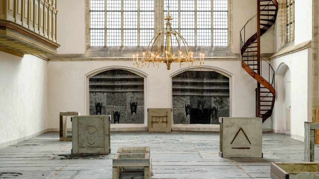 View of Ibrahim Mahama, Garden of Scars,Oude Kerk, Amsterdam, 2022. Photo: Mike Bink.