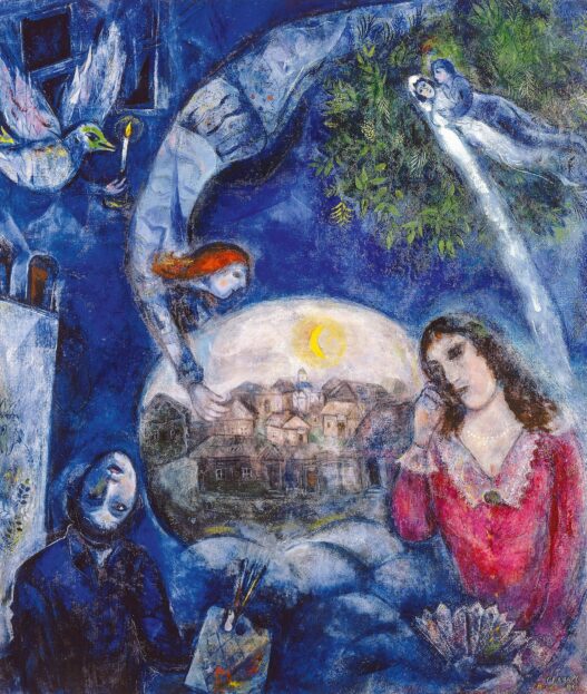 Marc Chagall, Around Her, 1945. Oil on canvas, 131 × 109.5 cm. Centre Pompidou, Paris, Musée national d’art moderne / Centre de création industrielle, Gift of the artist, 1953. © VG Bild-Kunst, Bonn 2022. Photo: bpk / CNAC-MNAM / Philippe Migeat.