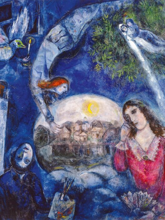 Marc Chagall, Around Her, 1945. Oil on canvas, 131 × 109.5 cm. Centre Pompidou, Paris, Musée national d’art moderne / Centre de création industrielle, Gift of the artist, 1953. © VG Bild-Kunst, Bonn 2022. Photo: bpk / CNAC-MNAM / Philippe Migeat.